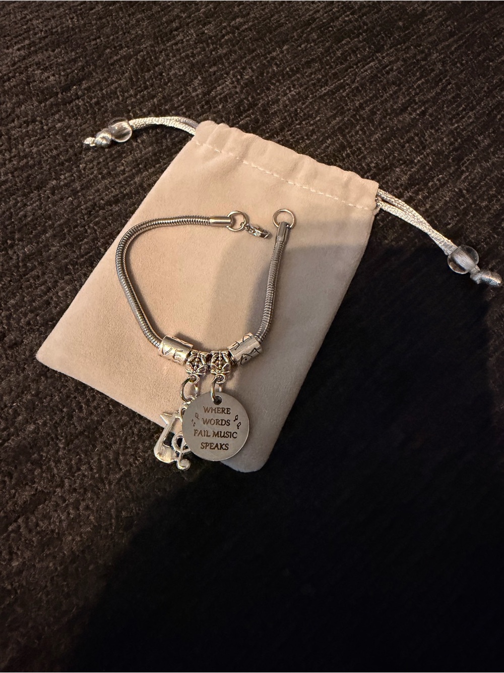 Music Note Silver Charm Bracelet with Inspirational Disc